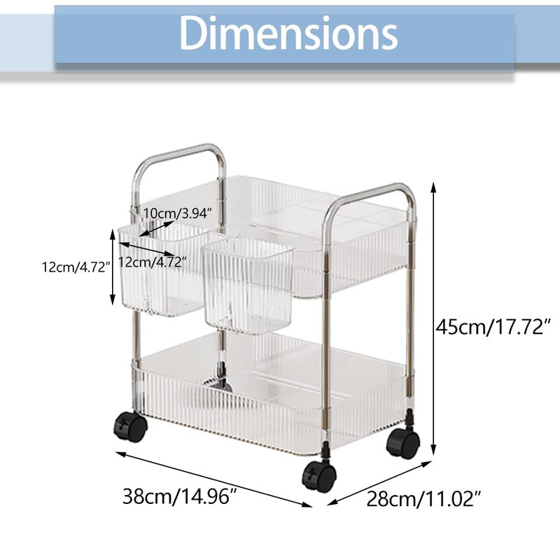 2-Tier Utility Rolling Cart Storage Organizer Sofa Side Table with Wheels, Under Desk Mobile Trolley Organizer with Handle and 2 Hanging Baskets for Office Home Kitchen Organization, Transparent