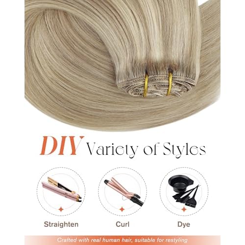 Sunny Hair Clip in Hair Extensions Straight Human Hair Clip in Extensions Remy Clip in Hair Extensions Real Human Hair Extensions Clip ins Golden Blonde Highlights Light Blonde 12inch