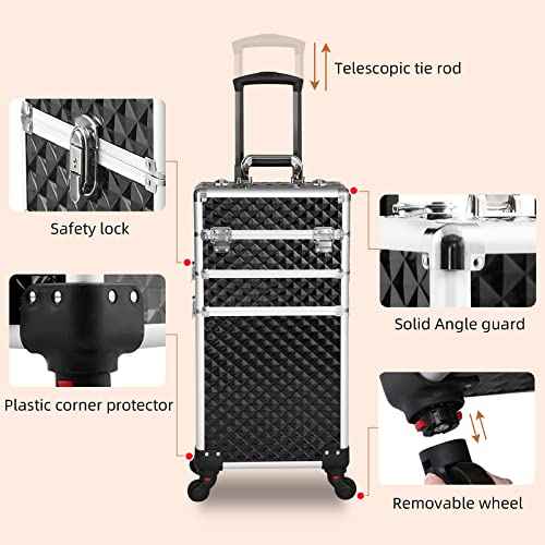 Rolling Makeup Case 3 in 1,Professional Makeup Train Case organizers,Large Storage Cosmetic case Trolley,Makeup Travel Case for Salon Barber Black