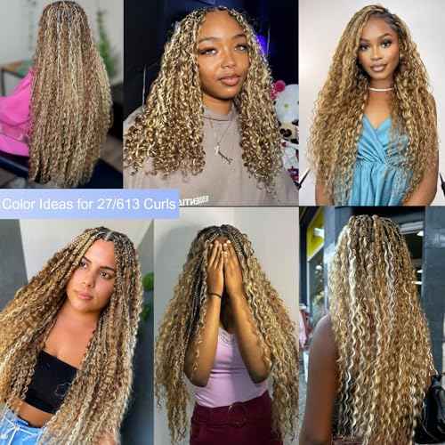 P27/613 Blonde Human Braiding Hair Deep Water Wave Bulk 26 Inch Long Curly Bundles Human Hair Color 27 and 613 Blonde Boho Human Hair for Braiding Highlights Blonde Boho Braids Bundles No Weft