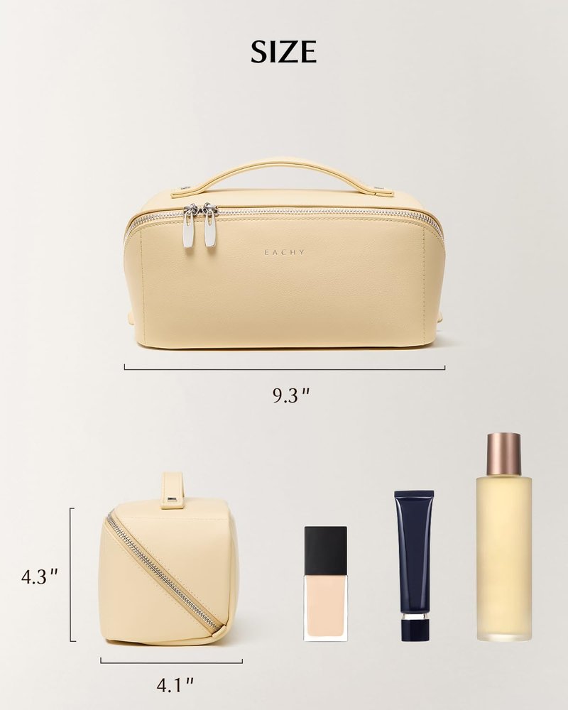 EACHY Travel Makeup Bag, 2.0 Cosmetic Bag for Women, Waterproof PU Leather,Flat Open Portable Toiletry Bag for Skincare, Brushes & Travel Essentials