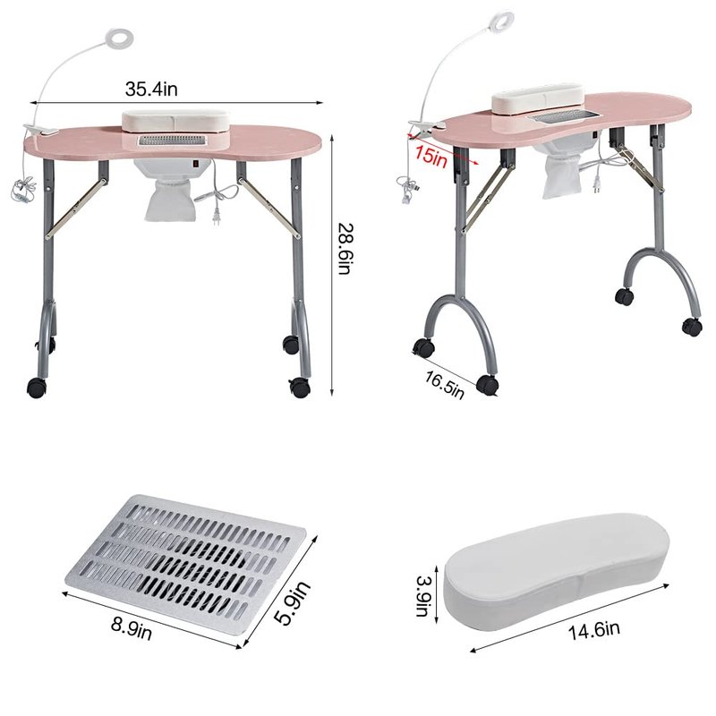 CHAOEEMY Nail Desk Portable Manicure Table, Professional Nail Table with USB-plug LED Table Lamp, Sponge Pillow, Electric Dust Collector, Carrying Bag,Pink