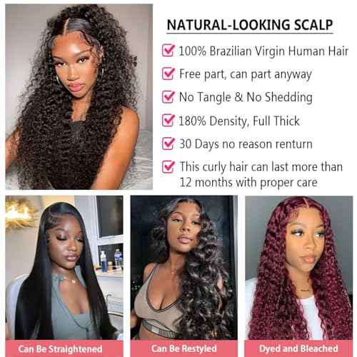Dianthe Deep Wave Lace Front Wigs Human Hair 13x6 HD Lace Deep Curly Human Hair Wig 180% Density Lace Frontal Wigs for Black Women Glueless Wig Pre Plucked Natural Color with Baby Hairline (24 Inch)