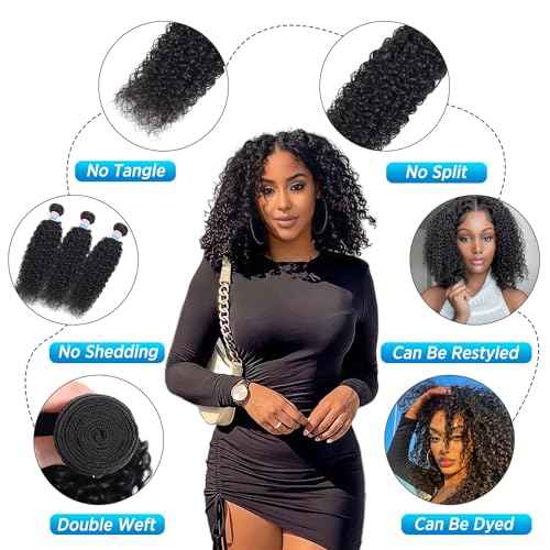 EMOL Hair Hair Extensions, 3 Kinky Curly Bundles, 14" Human Hair, Full Head, Natural Black, Weave, Virgin, Can Be Dyed, 300g, 3 Bundles