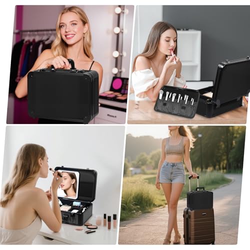 15"x11" Makeup Case with Lighted Mirror & Brush Holder - Waterproof Travel Organizer, Customizable Storage, Rechargeable LED Vanity for Women (black)
