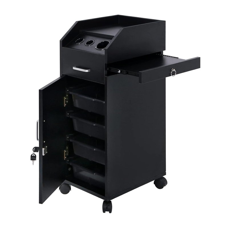 Winado Hair Salon Storage Cart - Mobile Makeup Case with Wheels, 3 Dryer Holders & 4 Drawers | Black