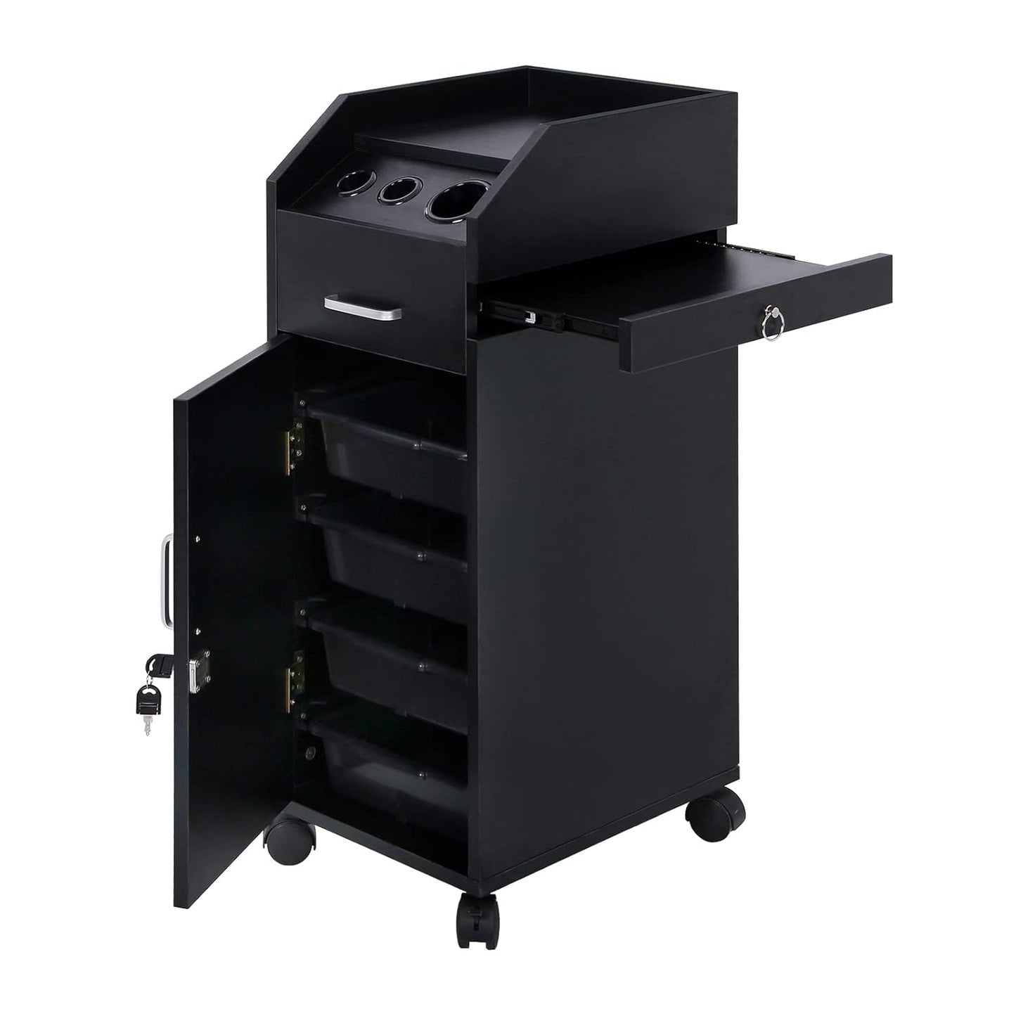 Winado Hair Salon Storage Cart - Mobile Makeup Case with Wheels, 3 Dryer Holders & 4 Drawers | Black