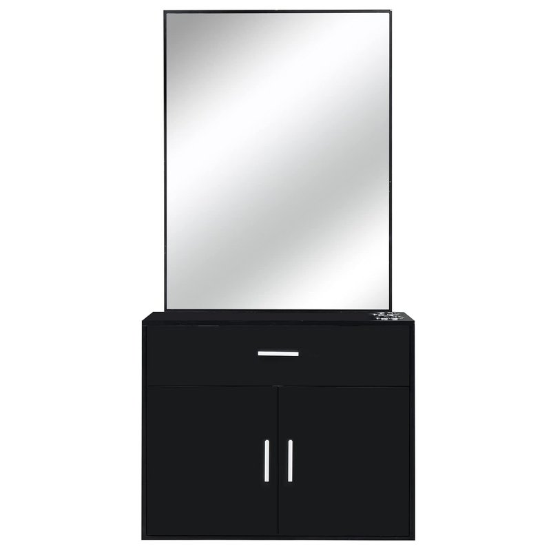 Wall Mount Salon Station - Stylish Barber Station with Mirror, Storage Cabinet & 2 Hair Dryer Holders | Black