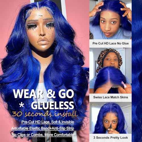 Blue Wear and Go Glueless Wigs Human Hair Pre Cut 9x6 Blue Body Wave HD Lace Front Wig Pre Plucked Colored Lace Closure Wigs for Women 22 Inch 180 Density