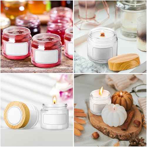 Layhit 64 Pcs 2oz Glass Jars with Lids Clear Small Jars with Plastic Woodgrain Lids, White Labels and Inner Liners Empty Round Cosmetic Containers for Creams Lotions Candle Making (2oz/ 60ml)