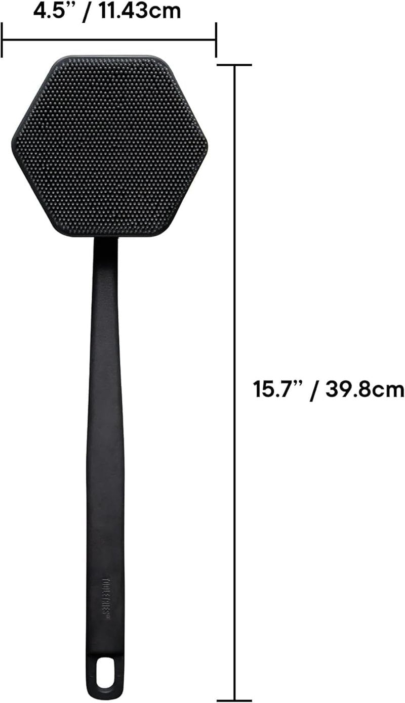 TOOLETRIES Silicone Back Scrubber for Shower Exfoliating Back Brush for Men with Long Handle, Non Slip Grip Body Washer to Clean Hard to Reach Areas, Durable Bath Accessory - Charcoal