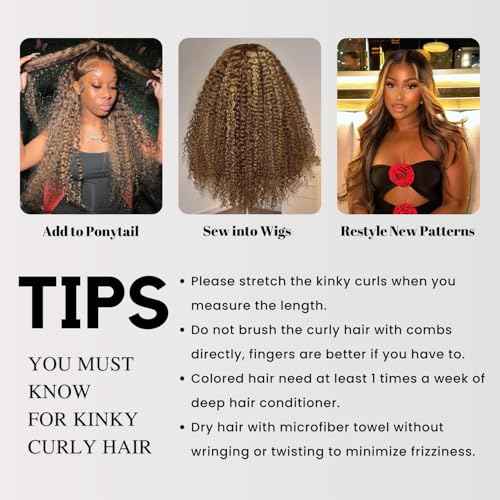 Honey Blonde Highlight Tight Kinky Curly Single Bundles Human Hair 24Inch, 100% Virgin Remy 12A Brazilian Curly Weave Bundles Human Hair Thick Track P4/27 Ombre Brown Colored Kinky Curly Bundles