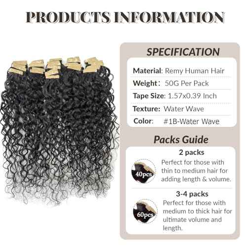 Water Wave Tape in Hair Extensions Human Hair, Natural Black Hair Extensions Real Remy Human Hair Tape ins for Black Women, 20 Inch 100g/pack 40pcs Double Sided Invisible Tape Hair Extension