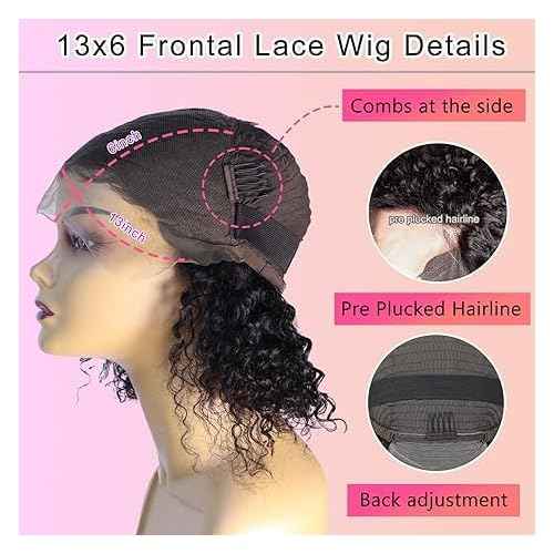 13x6 Deep Wave Lace Front Wigs Short Curly Bob Wig Human Hair 200 Density HD Glueless Lace Frontal Human Hair Wigs for Black Women Pre Plucked Natural Black 8 Inch