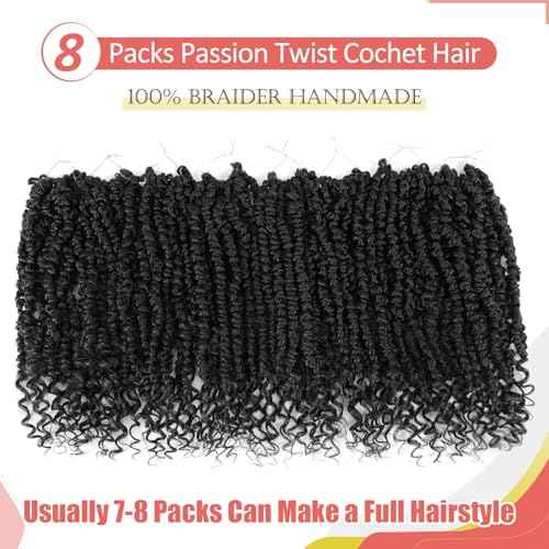 Alicoco Passion Twist Crochet Hair 12 Inch Passion Twist Hair Pre Looped 8 Packs Spring Twist Crochet Braids with Curly Ends Pre-Twisted Crochet Hair for Women (1B)
