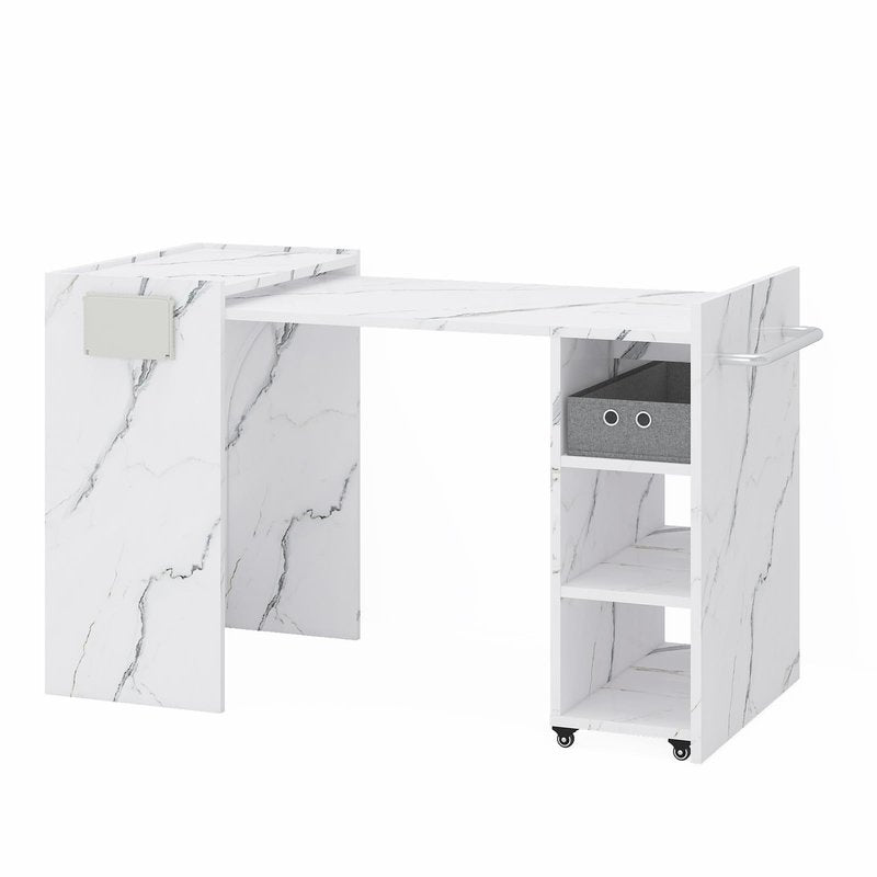 Foldable Manicure Table Nail Desk, Expandable Nail Tech Table with Storage Fabric Drawer Adjustable Shelf, Wall Mount Nail Station Modern Multipurpose Table Home Office Beauty Spa Salon, White Marble