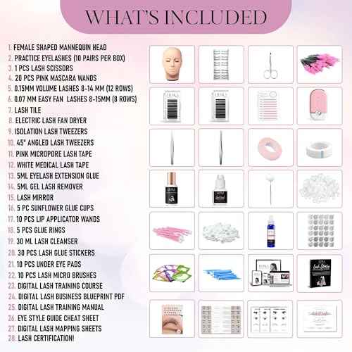 Hoka Lash Eyelash Extension Kit & Training Course and Certification, Professional Lash Extension Kit for Beginners Includes Practice Mannequin Head, Lash Trays, Glue, Tweezers, Fan & More