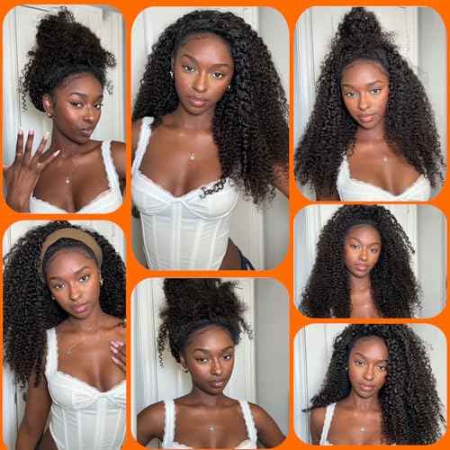 22 Inch Half Wig Human Hair 210 Density Kinky Curly Half Wig 3 In 1 Seamless Flip Over Glueless Wigs Human Hair with Drawstring Beginner Friendly kinkyCurly Headband Wig for Women