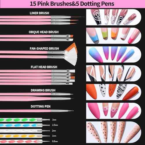 FANDAMEI Nail Art Kit, 54 Pcs Nail Tool Set with 6-Color Nail Polish, 20 PCS Nail Art Brushes, 2 Box False Nail Tips, 6 Jar Chrome Nail Powder, 4 Box Nail Charms, 10 Sheet Nail Stickers for Beginners