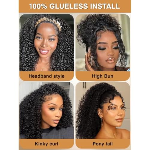 Kinky Curly Half Wig Human Hair 200% Density Wear Go Glueless Wigs Human Hair 3 In 1 Drawstring Seamless Flip Over Wig for Women Daily Wear Headband Wig Beginner Friendly Black (16inch)