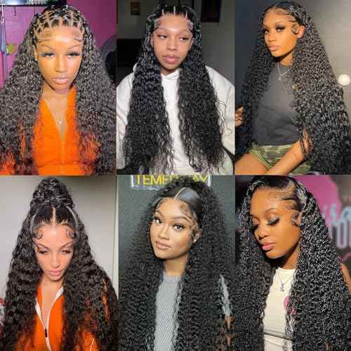 13x6 Deep Wave Wigs Human Hair Deep Wave Lace Front Wigs Human Hair 200% Density HD Lace Frontal Wigs for Balck Women Pre Plucked Glueless Deep Curly Wig Natural Black (28 Inch)