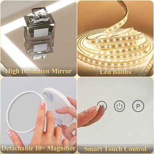 FENNIO Vanity Mirror with Lights 22''x18'' Makeup Mirror with Lights,Lighted Makeup Mirror with 10X Magnification and USB£¬Smart Touch Screen with 3-Color Lighting,Dimmable£¨Square White£©