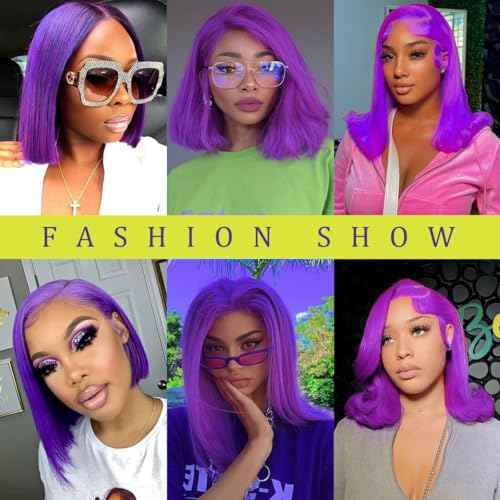 Purple Short Straight Gluess Bob Wig Human Hair Pre Plucked Pre Cut 5x5 HD Transparent Lace Front Wigs Human Hair 180% Density Straight Lace Closure Wigs Purple Short Bob 8 Inch