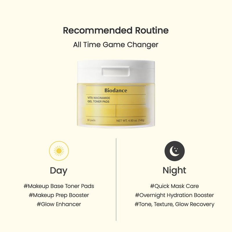 Biodance Vita Niacinamide Gel Toner Pads, Dark Spot Corrector, Evening Skin Tone, Gentle Exfoliating Toner Pads with Vitamin C, Pre-Soaked Pads, Korean Skin Careㅣ4.93 fl.oz.(140g)*60Pads