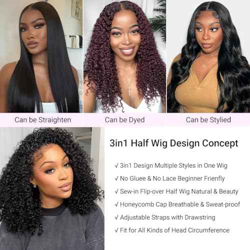 SUPERNOVA Curly Half Wig Human Hair 200 Density 3 In 1 Seamless Flip Over Glueless Wear And Go Beginner Friendly Kinky Curly Human Hair Half Wig With Drawstring Headband Wigs For Women 16 Inch