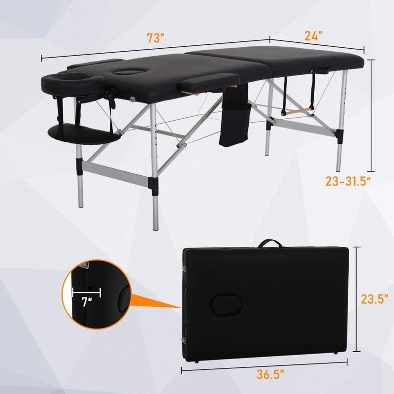 Foldable Massage Table - Portable 73 Inch Adjustable Salon Bed with Aluminum Legs & Carry Case | Supports 450 lbs - Black
