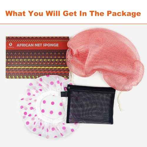African Net Sponge Authentic African Exfoliating Net Sponge with Knots Real Sapo Sponge with Handles Afro Scrub Net Bath Cloth for Shower (Pink)