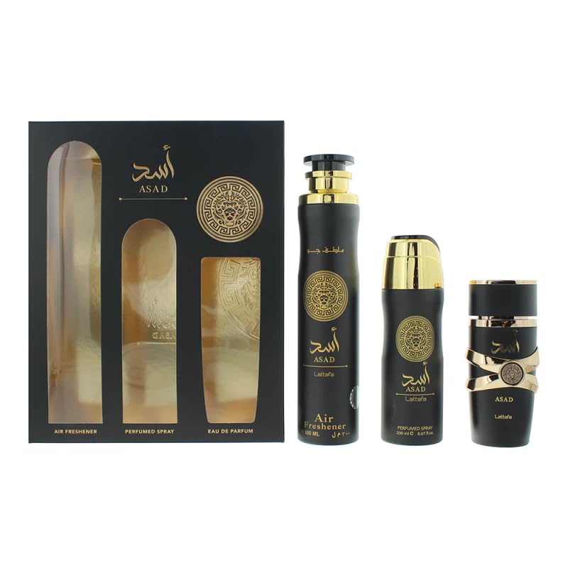 Lattafa Asad 3 Piece Gift Set (3.4 Fl Oz EDP + 6.67 Fl Oz Deo + 10.14 Fl Oz Air Freshener)