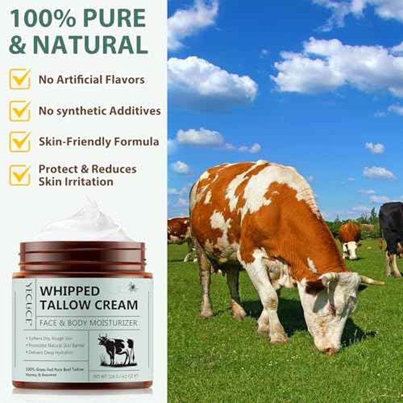 Whipped Beef Tallow for Skin, Organic Face Moisturizer with Grass Fed Beef Tallow & Raw Honey, Deeply Moisturizes Face & Body, Reduces Skin Irritation and Sensitivity, 4.2 Oz