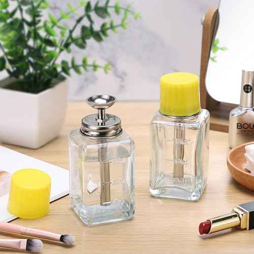 Noverlife 2PCS 6Oz / 180ml Clear Acetone Dispenser with Cap, Square Glass Nail Polish Remover Pump Alcohol Dispenser Alcohol Bottle, Refillable Push Down Pump Bottle for Makeup Remover