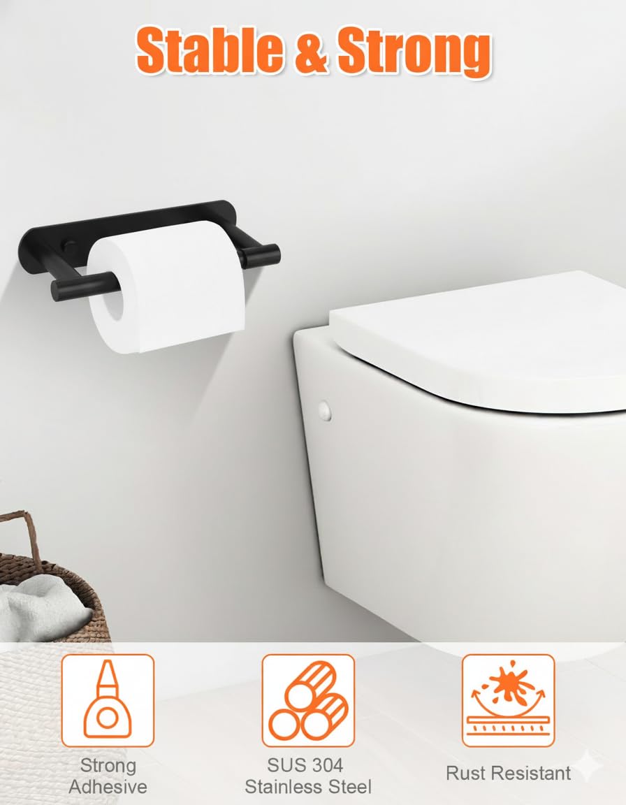 YUET Toilet Roll Holder, Self Adhesive or Screw in Wall Mounted Options, Double Post Pivoting Tissue Roll Holder, Stainless Steel Rustproof Stick On No Drilling Wall Mount for Bathroom, Matte Black