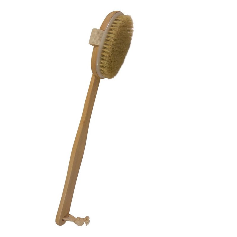 Dry Skin Body Brush 16"- Natural Bristle - For Dry Brushing - Detachable Handle -Removes Dead Skin & Toxins, Helps Cellulite, Lymphatic Functions, Blood Circulation & Exfoliation-Pouch & Hook Included