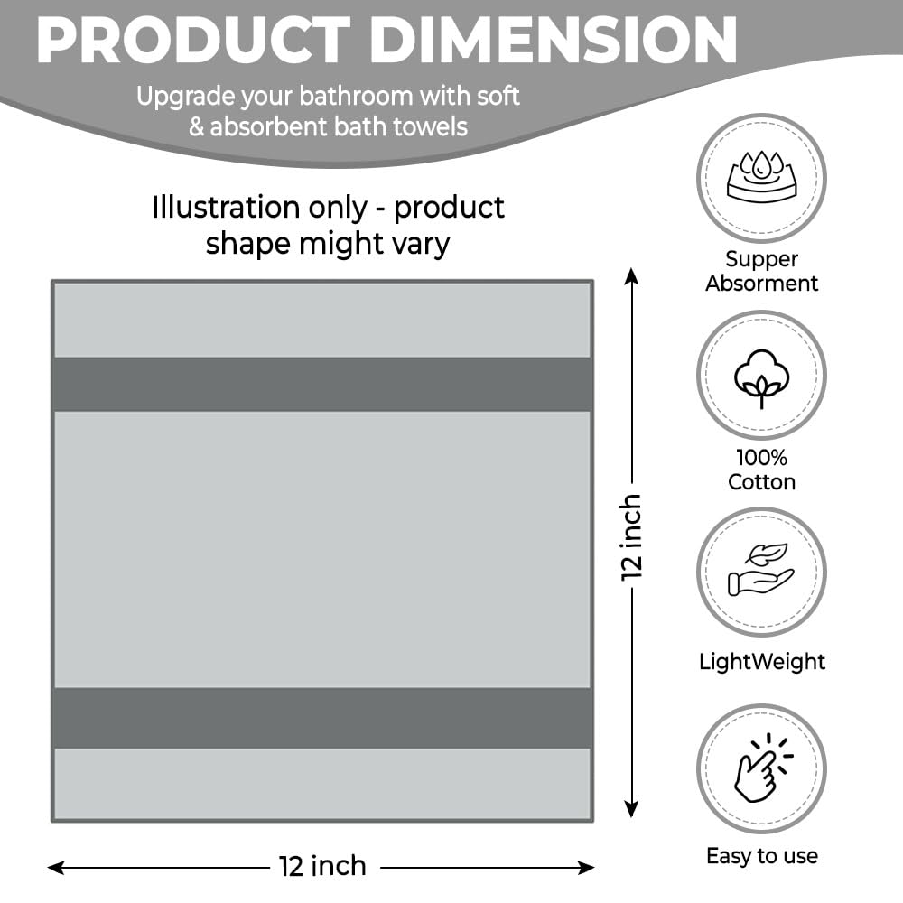 QUBA LINEN 100% Cotton Washcloth Set – Soft, Absorbent Face Towels for Bathroom & Gym Use –Reusable, Durable & Machine Washable - Dark Grey, White & Light Grey, 12x12 Inches, Pack of 12