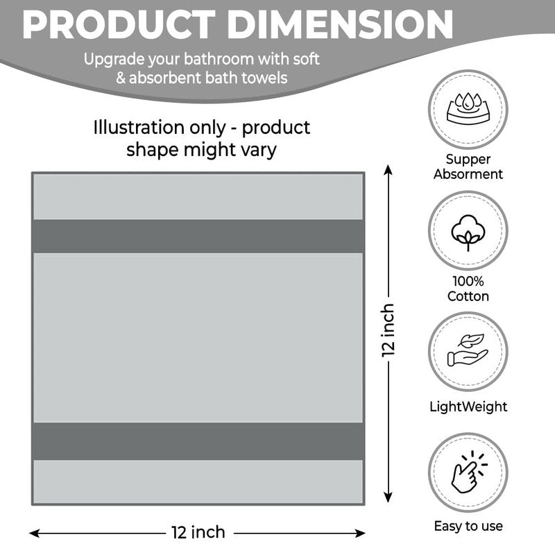 QUBA LINEN 100% Cotton Washcloth Set – Soft, Absorbent Face Towels for Bathroom & Gym Use –Reusable, Durable & Machine Washable - Dark Grey, White & Light Grey, 12x12 Inches, Pack of 12