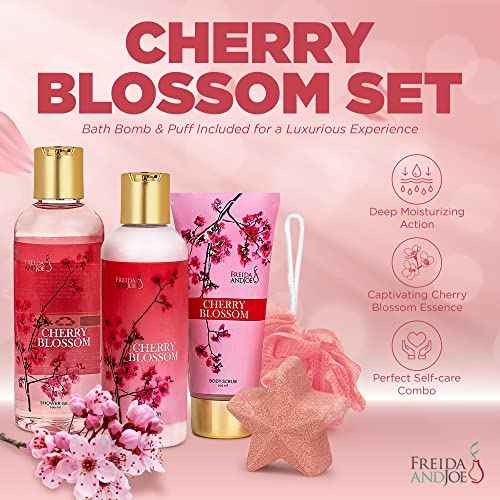 Bath and Body Gift Basket For Women ? 5 Piece Set of Cherry Blossom Bath & Body Collection Gift Box, Includes Shower Gel, Body Lotion, Body Scrub, Bath Bomb & Sponge - Appreciation Gift Ideas