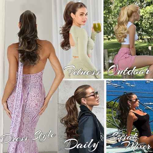 NAYOO Claw Clip Ponytail Extension Brown 18" Long Wavy Ponytail Clip in Hair Extensions for Women Curly Natural Layered Pony Tails for Short Thin Hair Synthetic Hairpiece(Dark Brown Mixed Chestnut)