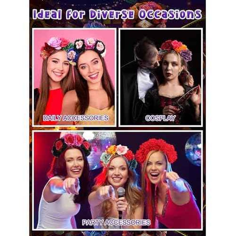 Zeyune Mexican Flower Headband Fiesta Rose Flower Crown Costume Mexican Headpiece for Women Party Cosplay Halloween(Mixed Color,16pcs)