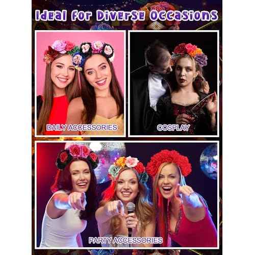 Zeyune Mexican Flower Headband Fiesta Rose Flower Crown Costume Mexican Headpiece for Women Party Cosplay Halloween(Mixed Color,16pcs)
