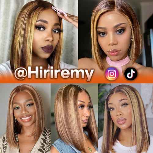 Bob Wig Human Hair 13x4 HD Lace Frontal Short Straight Lace Front Bob Wigs for Black Women Human Hair Pre Plucked Glueless Side Part 180% Density Ombre Highlight 4/27 12 Inch