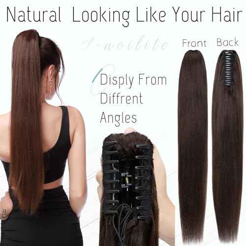 S-noilite Claw Clip Ponytail Extension Human Hair #2 Dark Brown Real Remy Human Hair Ponytail Extension 14inch Long Straight Hair Pony Tails Hair Extensions For Women 105Grams