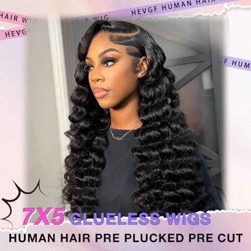Glueless Curly Wigs Human Hair 7x5 Wear and Go Wig Human Hair Pre Plucked Pre Cut Black Deep Wave Closure Lace Front Wigs Human 12a 220% Density Loose Curly Wig Bleached Knots for Women 20 Inch