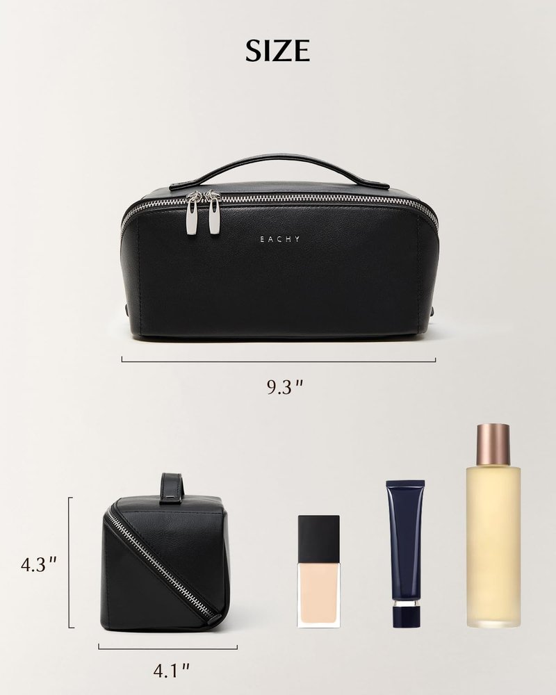 EACHY Travel Makeup Bag, 2.0 Cosmetic Bag for Women, Waterproof PU Leather,Flat Open Portable Toiletry Bag for Skincare, Brushes & Travel Essentials
