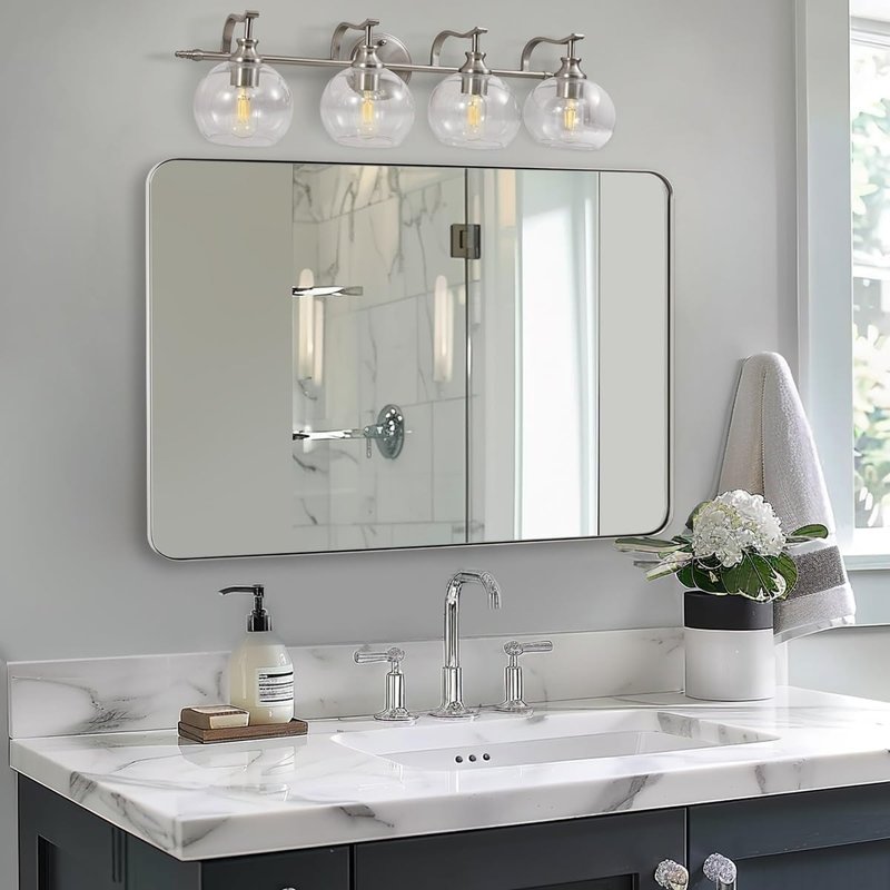 Brushed Nickel Bathroom Mirror - 24”x40” Modern Rounded Corner Design | Stylish Metal Frame