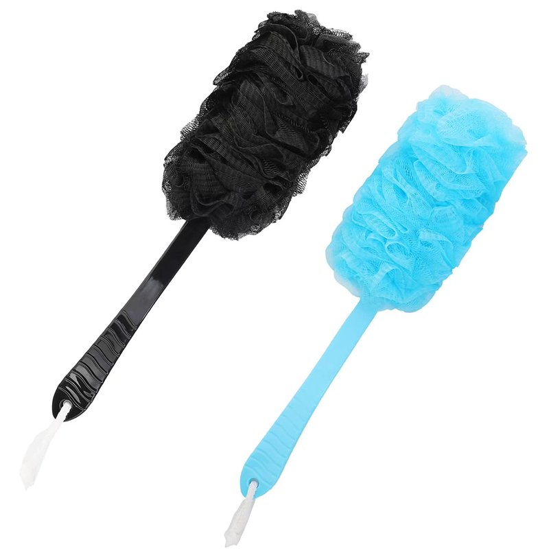 Back Scrubber Brush Long Handle for Shower, Loofah On a Stick Sponge Back Brush, Body Exfoliator Scrubber Bath Brush for Men Women, Exfoliating Cleaning Back Scrubber (2 Pack-Black+Blue)