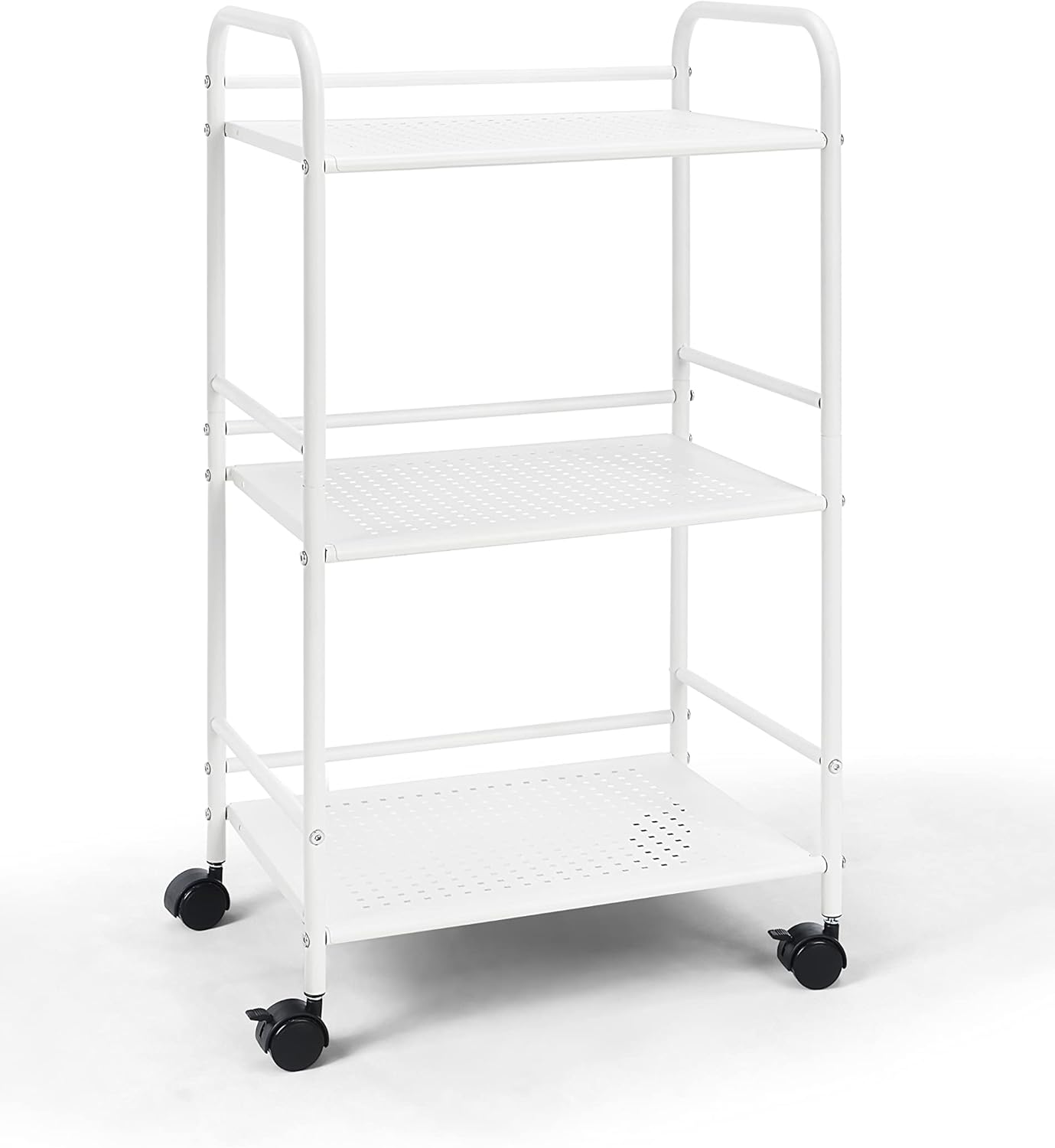 SunnyPoint 3-Tier Rolling Utility Cart - Metal Storage Organizer with Wheels | Mobile Kitchen & Office Cart, White, 12"D x 16.92"W x 31.1"H