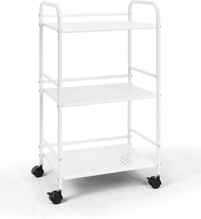 SunnyPoint 3-Tier Rolling Utility Cart - Metal Storage Organizer with Wheels | Mobile Kitchen & Office Cart, White, 12"D x 16.92"W x 31.1"H